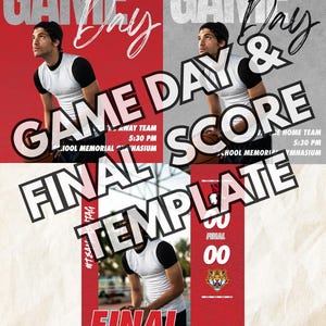 May include: A digital graphic design template for sports announcements featuring a person in a white and black shirt holding a basketball. The text includes GAME DAY, FINAL SCORE, and team details. The layout uses red, gray, and white color schemes.