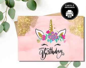 Happy Birthday Card, Unicorn Happy Birthday Card, Little Girl Happy Birthday Card, Birthday Card to Download, Digital Happy Birthday
