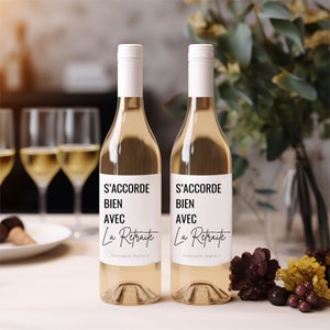 Étiquette de Vin Retraite, Cadeaux de Retraite personnalisé, Étiquette de Vin modifiable en français, Étiquette de vin personnalisée