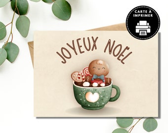 Cartolina di Natale in francese, Cartolina di Natale con tazza e pan di zenzero, Cartolina di Natale da stampare, Cartolina di Natale ad acquerello, Cartolina bianca