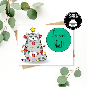 Christmas Card with Cat, Merry Christmas, Printable Christmas Cat Card, Blank Card, Printable Card, Card in French, Funny Card,