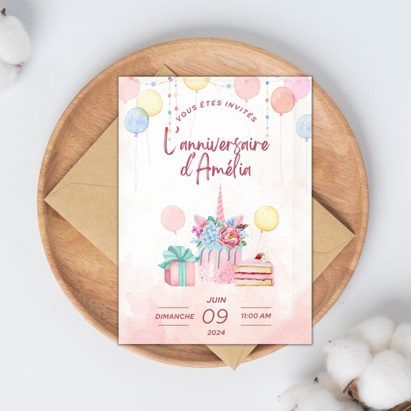 Unicorn birthday invitation to modify, Invitation template in French, Birthday party invitation for children, Mobile invitation