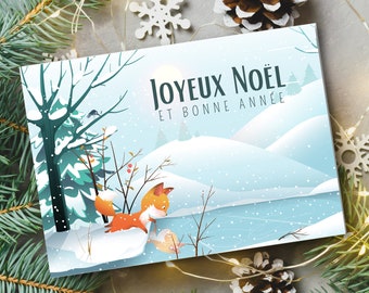 Carte de Noël , Joyeux Noël et Bonne année, Carte de Noël à imprimer, Carte de Noel avec renard , Carte de Noël vierge,téléchargement