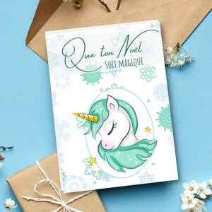 Carte Licorne de Noël, Carte de Noel pour enfant, Que ton Noël soit magique, Carte à télécharger, Carte de Noël en Français, carte vierge,
