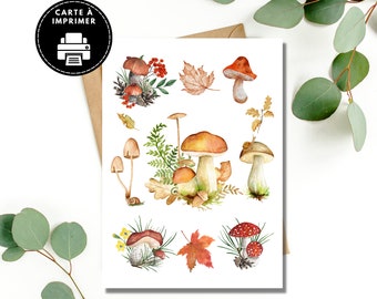 Wild mushroom greeting card, Autumn nature greeting card, Watercolor forest card to print, Cottagecore card