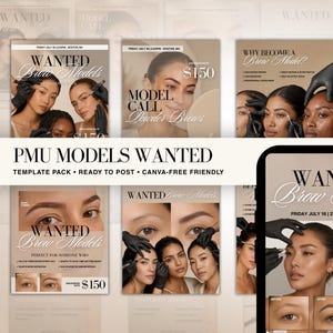 Puede incluir: Un paquete de plantillas de marketing digital para modelos de cejas PMU en tonos beige y marrón. Los gráficos muestran texto que incluye WANTED BROW MODELS, $150 y PMU MODELS WANTED. Las imágenes muestran primeros planos de cejas y servicios.