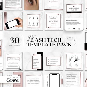 May include: A set of 30 social media post templates for lash technicians. The templates feature a marble background with rose gold accents and text that says "Lash Tech Template Pack".