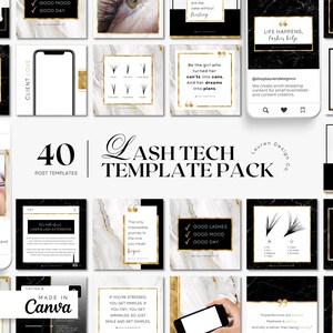 May include: A set of 40 social media post templates for lash technicians. The templates feature a black and gold color scheme with marble and geometric patterns. The text on the templates includes quotes about lashes, reminders, and tips for lash technicians. The templates are designed to be used on Instagram and other social media platforms.