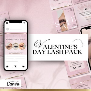 Könnte beinhalten: Ein pink-weißes Grafikdesign für eine Valentinstags-Wimpern-Paket-Promotion. Das Design zeigt verschiedene Bilder, darunter eine Nahaufnahme eines Auges mit langen Wimpern, ein Herz und den Text "Valentinstags-Wimpern-Paket".