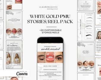White Gold PMU Instagram Story Templates | Brow, Lip & Eyeliner (Canva)