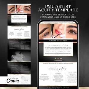 PMU Microblading Luxury Gold Acuity Scheduling Site Template - Editable DIY Site Canva - Permanent Makeup Artist - Beauty Booking Website