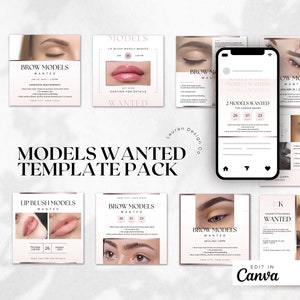 May include: A pink and white graphic template pack for social media posts. The template is designed for beauty professionals to advertise brow and lip services. The text on the template says "Models Wanted".