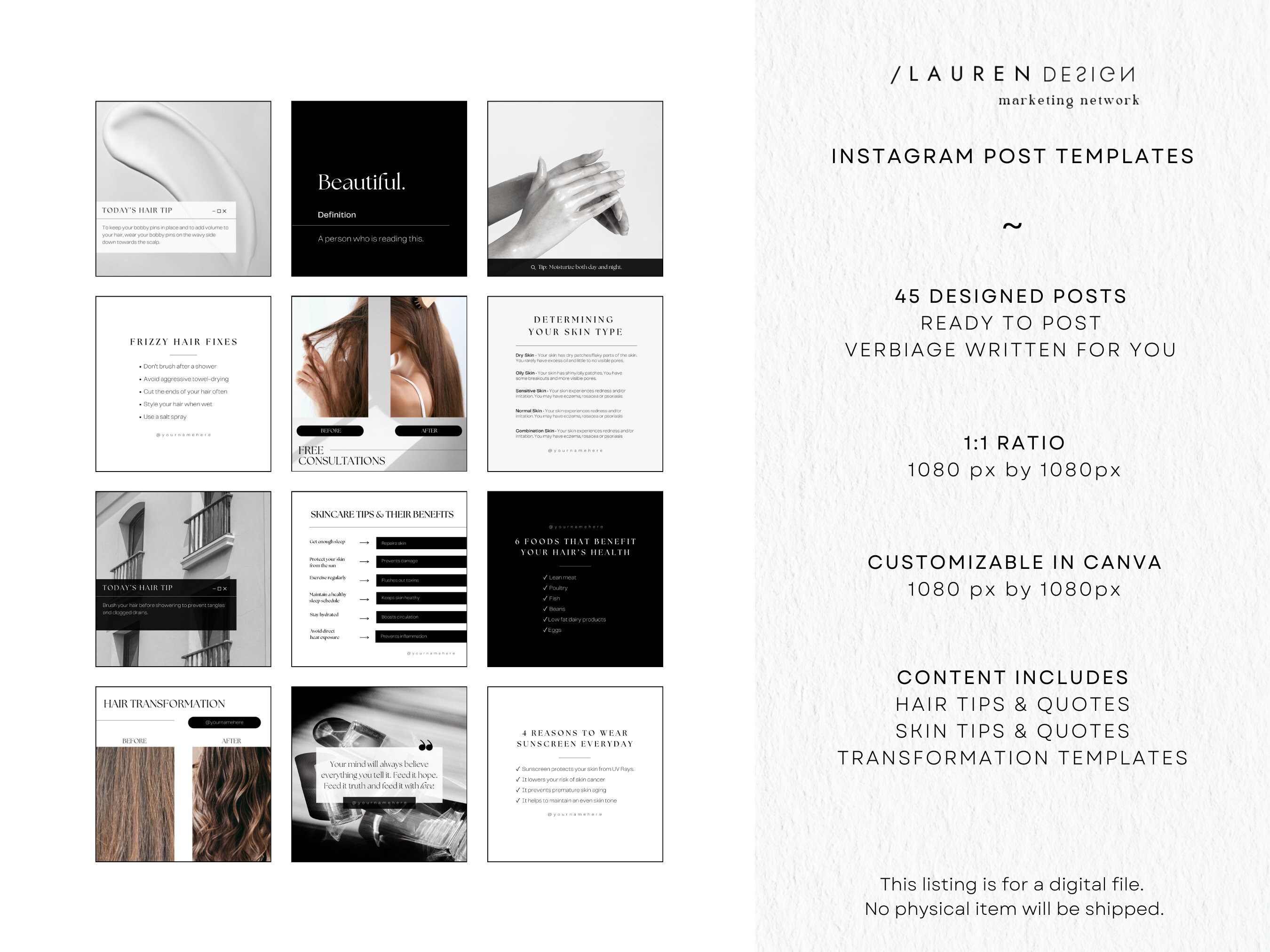 Black & White Minimal Instagram Post Pack - Hair/skin Template Bundles ...