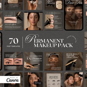 Könnte beinhalten: Eine Sammlung von 70 Social-Media-Beitragsvorlagen für Permanent-Make-up-Künstler, mit dunkelbraunen und beigen Farbschemata, Typografie und Bildern von Augenbrauen, Kosmetikwerkzeugen und Gesichtern, angeordnet in einem Raster für Canva.