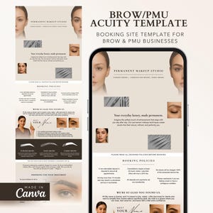 PMU Brow Tech Beige Brown Minimal Acuity Scheduling Site Template - Canva Site - Permanent Makeup Microblading - Beauty Booking Website