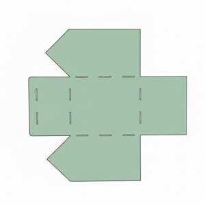May include: A flat, unfolded, light green cardboard box template. The design features a rectangular base with two triangular flaps at the top and bottom, and side flaps with slots for assembly. The template is designed for easy folding and construction.
