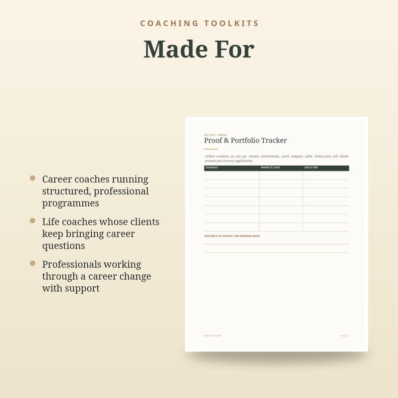 May include: A digital document titled Coaching Toolkits Made For, featuring a Proof & Portfolio Tracker page with a table for evidence, location, and usage, alongside a bulleted list of target users including career coaches and professionals.