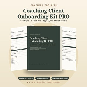 May include: A Coaching Client Onboarding Kit PRO document set featuring 66 pages across 8 sections. The dark green cover displays the title and text detailing a system for life coaches, including intake forms and agreements in PDF and Word formats.