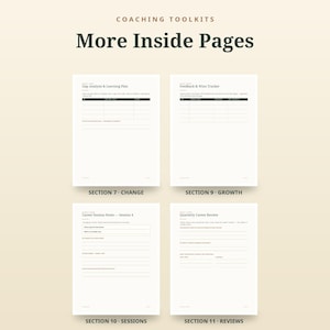 May include: Four white coaching toolkit pages with black text and lines. The pages are titled Gap Analysis & Learning Plan, Feedback & Wins Tracker, Career Session Notes - Session 4, and Quarterly Career Review, labeled by section numbers.
