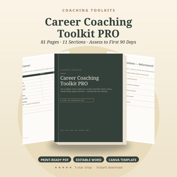Career Coaching Toolkit PRO, 80+ Pages Career Coach Worksheets, Resume, Interview Prep, Career Change, Canva Template, Word PDF