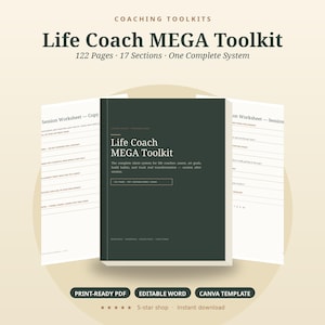 May include: A dark green Life Coach MEGA Toolkit manual with 122 pages and 17 sections. The cover displays the title and text about a complete client system. Two white session worksheets are visible behind the central dark green manual.