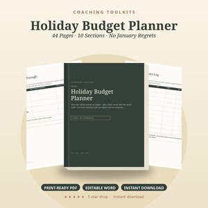 May include: A dark green Holiday Budget Planner with 44 pages and 10 sections. The cover features the text Holiday Budget Planner, Plan the whole season on paper, and 44 PAGES | PDF | EDITABLE WORD. Includes interior pages with grids.