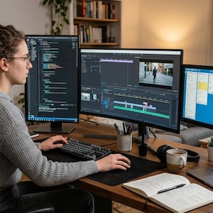 May include: A workspace featuring a laptop and two external monitors displaying software interfaces, a mechanical keyboard, a computer mouse on a black mat, a ceramic mug, a pen, and an open notebook on a wooden desk surface.