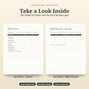 May include: Coaching toolkits document titled Take a Look Inside featuring The Wheel of Career and the First 90 Days plan. Two pages show tables for career assessment and relationship mapping. Includes Print-Ready PDF, Editable Word, and Canva Template.