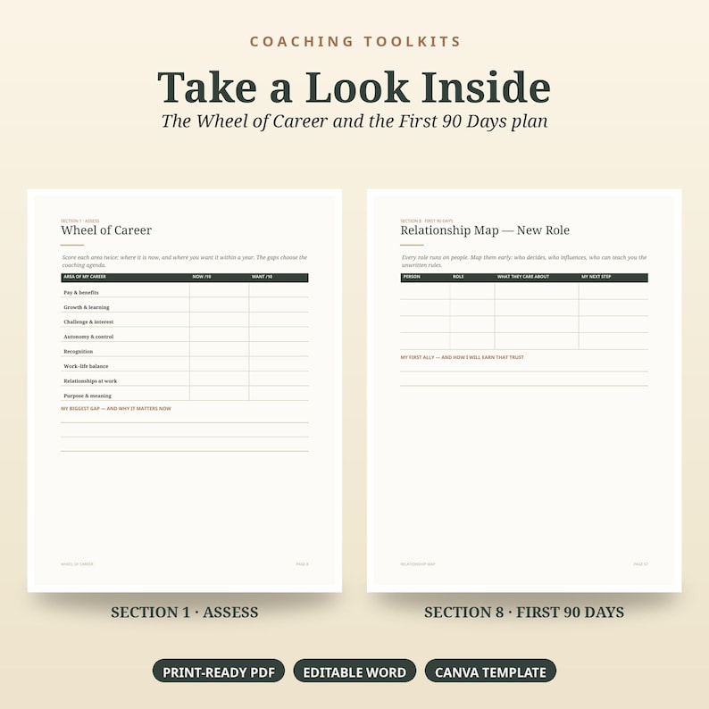May include: Coaching toolkits document titled Take a Look Inside featuring The Wheel of Career and the First 90 Days plan. Two pages show tables for career assessment and relationship mapping. Includes Print-Ready PDF, Editable Word, and Canva Template.