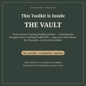 May include: A dark green digital graphic with light text reading Coaching Toolkits, This Toolkit Is Inside THE VAULT, Every current Coaching Toolkits product including this 81-page Career Coaching Toolkit PRO plus every new release for 12 months.