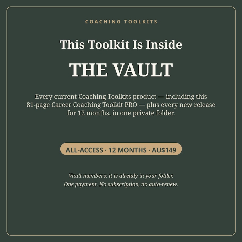 May include: A dark green digital graphic with light text reading Coaching Toolkits, This Toolkit Is Inside THE VAULT, Every current Coaching Toolkits product including this 81-page Career Coaching Toolkit PRO plus every new release for 12 months.