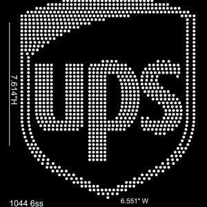May include: A white UPS logo, 7.614 inches high and 6.551 inches wide, composed of small white dots on a black background. The logo is in the shape of a shield with the letters "UPS" in a bold, sans-serif font.