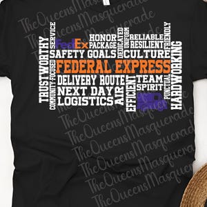 May include: Black t-shirt featuring the words "FEDERAL EXPRESS" in orange and white, with related terms like "TRUSTWORTHY" and "DELIVERY ROUTE" in a word cloud design. A purple FedEx truck graphic is also included.