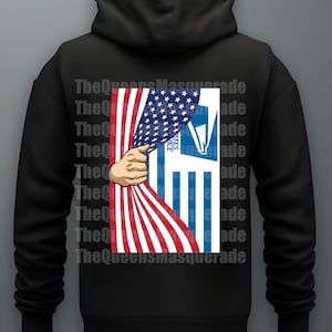 May include: Black hoodie with a graphic depicting the American flag being pulled back to reveal a postal service design. The text "TheQueensMasquerade" is printed on the back of the hoodie.