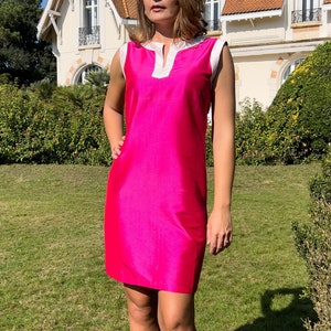 CAPRI silk dress 100% natural taffeta silk fuschia pink & white image 1