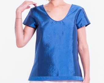 AVA blue silk top- 100% natural taffeta silk
