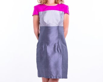 ALIZEE silk dress- 100% natural taffeta silk - fuschia pink, silver & dark grey