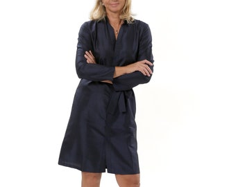 MICHAELA pure silk shirt dress- 100% natural taffeta silk - navy blue