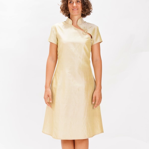 KARINE beige silk dress - 100% natural taffeta silk