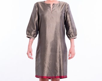 ANABELLA robe 100% soie taffeta naturelle - bronze khaki et rouge