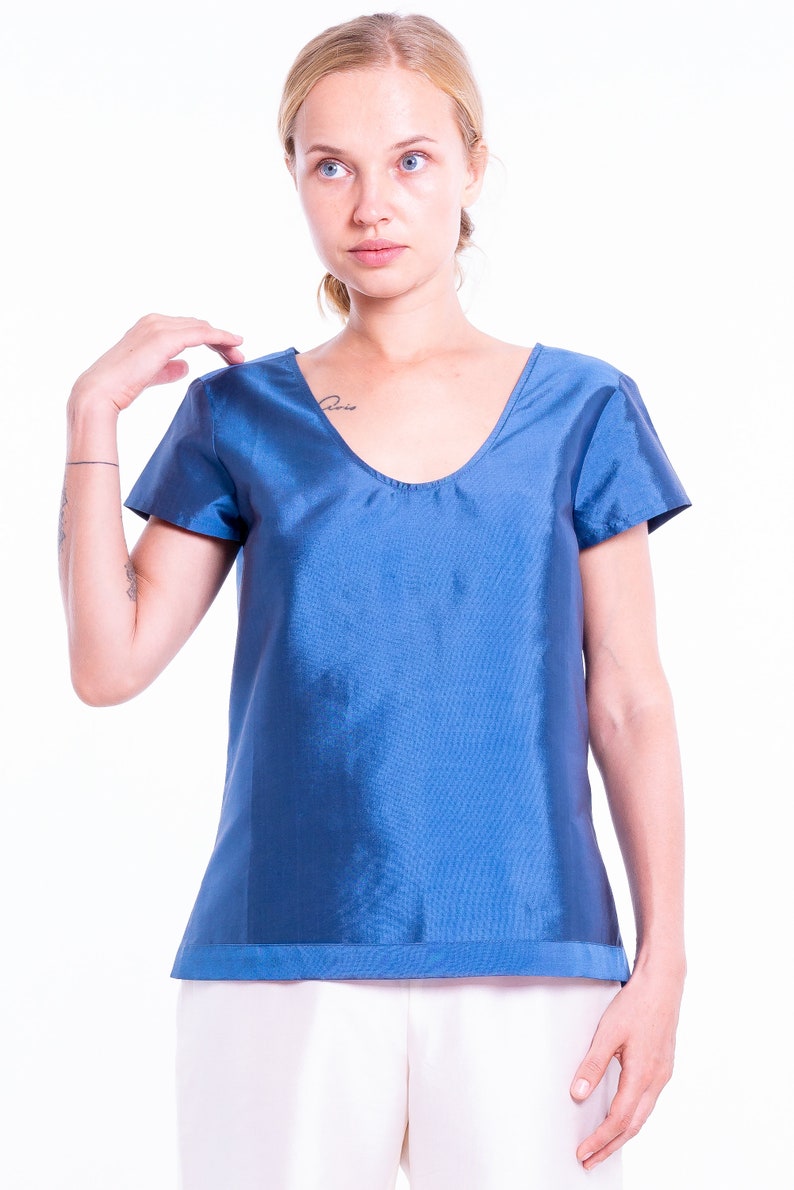 AVA blue silk top 100% natural taffeta silk image 2