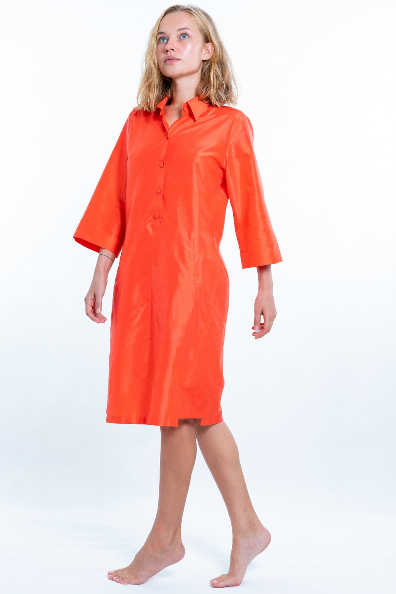 ATHALIA orange pure silk shirt dress 100% natural mulberry silk image 3