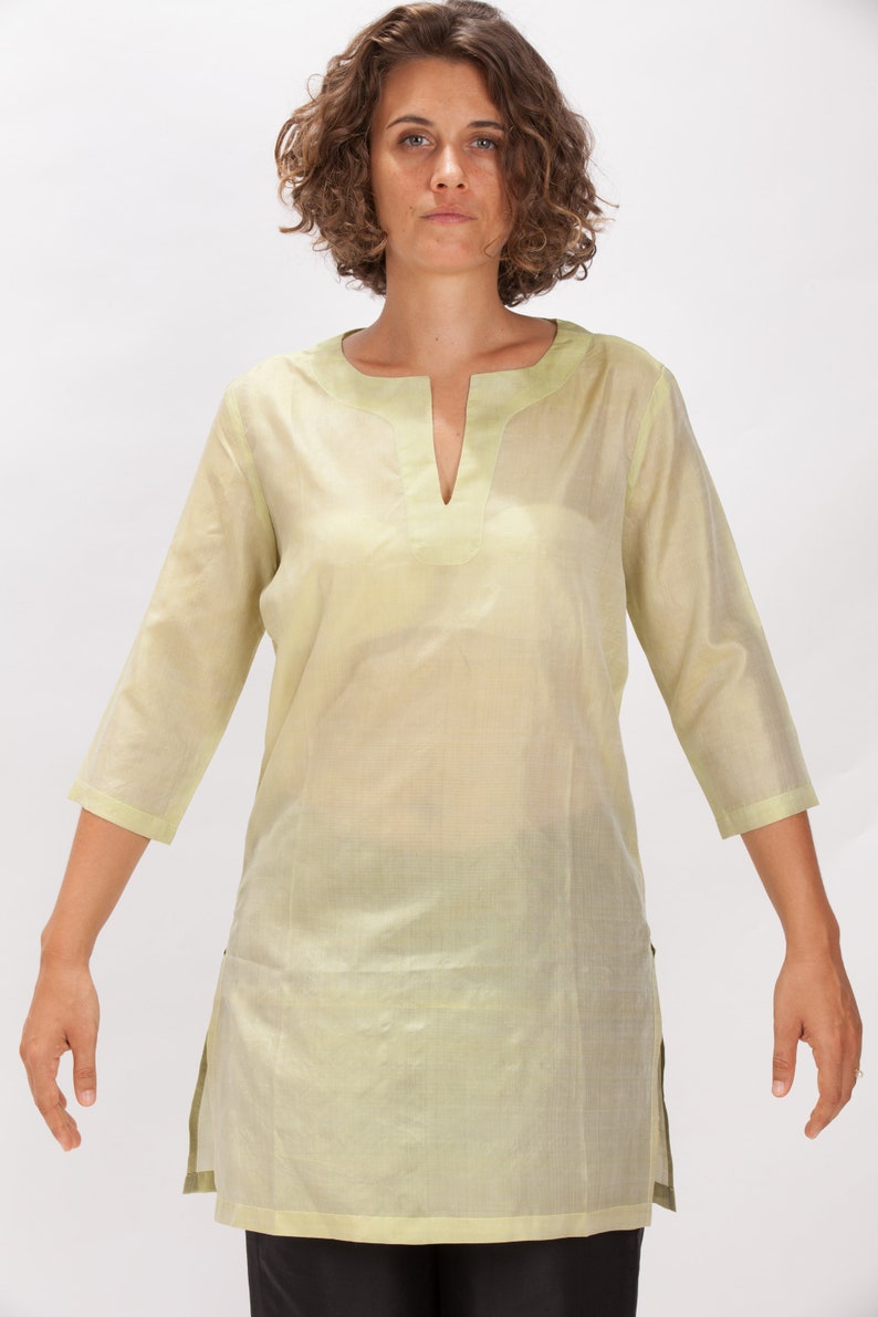 CLARA green silk tunic 100% natural chiffon silk Green
