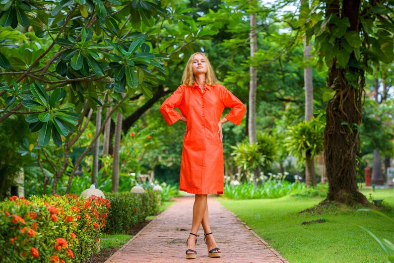 ATHALIA robe chemise orange pure soie taffeta naturelle corail orange image 2