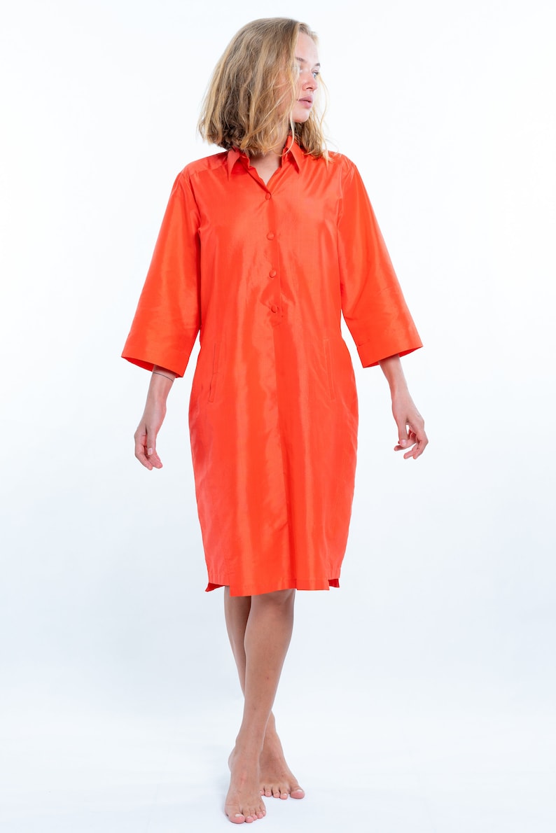 ATHALIA orange pure silk shirt dress 100% natural mulberry silk image 2