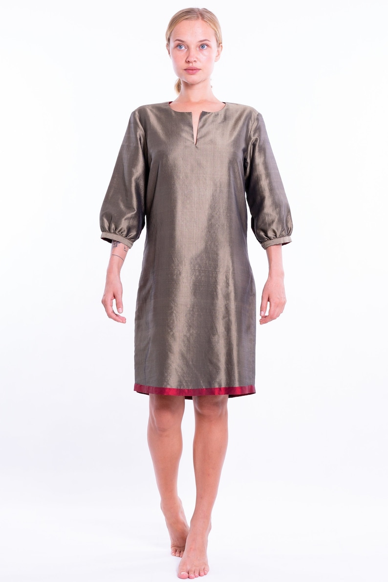 ANABELLA khaki silk dress 100% natural taffeta silk khaki bronze & red image 1