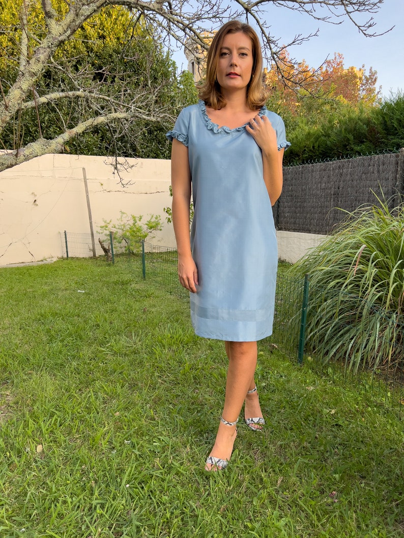 ANAELLE sky blue pure silk dress 100% natural taffeta silk powder blue image 5