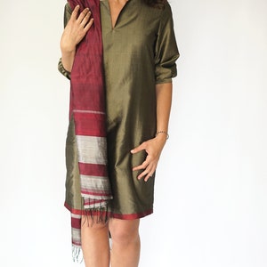 ANABELLA robe 100% soie taffeta naturelle bronze khaki et rouge image 3