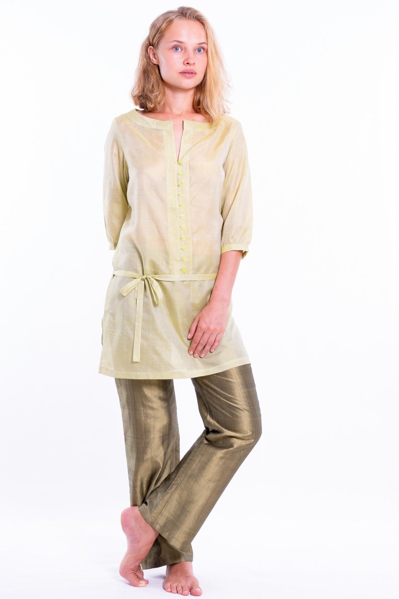 SHANTI green silk tunic 100% natural chiffon silk image 1