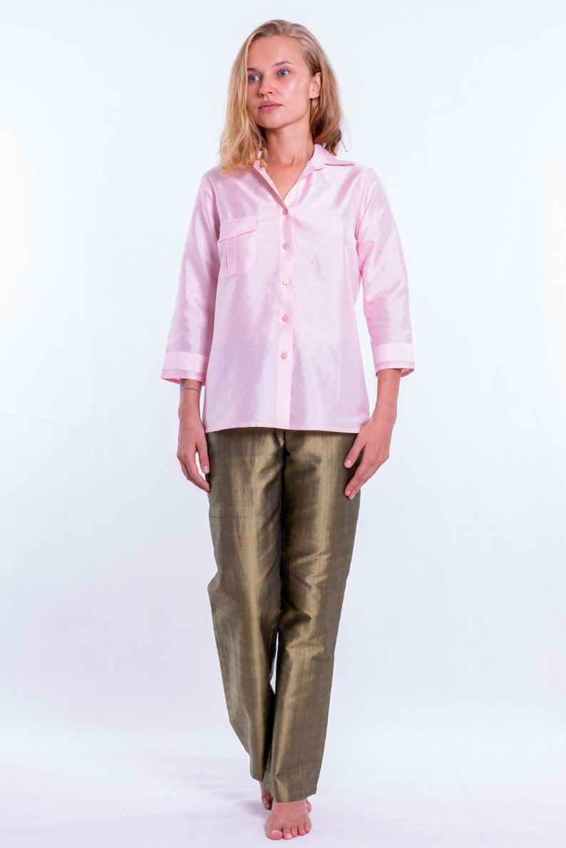 AMBRE pink silk shirt 100% natural taffeta silk image 1